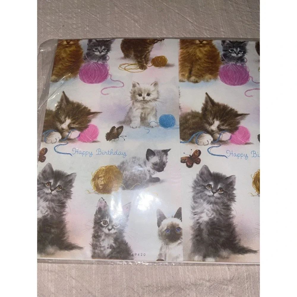VTG wrapping paper Happy Birthday kittens 2 sheets new